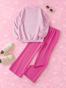 THE POWERPUFF GIRLS X SHEIN Tween Girl Crew Neck Long Sleeve Sweatshirt And Flare Pants Casual Set - Pink - View 2