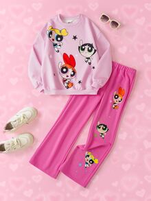 THE POWERPUFF GIRLS X SHEIN Tween Girl Crew Neck Long Sleeve Sweatshirt And Flare Pants Casual Set - Pink - View 3