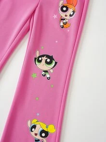 THE POWERPUFF GIRLS X SHEIN Tween Girl Crew Neck Long Sleeve Sweatshirt And Flare Pants Casual Set - Pink - View 8