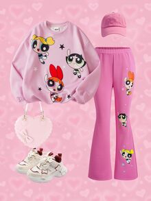 THE POWERPUFF GIRLS X SHEIN Tween Girl Crew Neck Long Sleeve Sweatshirt And Flare Pants Casual Set - Pink - View 1