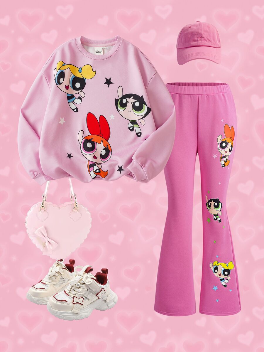 THE POWERPUFF GIRLS X SHEIN Tween Girl Crew Neck Long Sleeve Sweatshirt And Flare Pants Casual Set - Pink - View 1