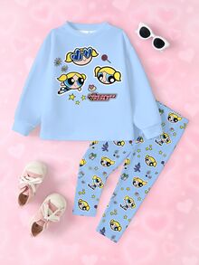THE POWERPUFF GIRLS X SHEIN Young Girl Cartoon Print Long Sleeve Sweatshirt And Leggings Set - White - View 3