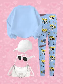 THE POWERPUFF GIRLS X SHEIN Young Girl Cartoon Print Long Sleeve Sweatshirt And Leggings Set - White - View 9