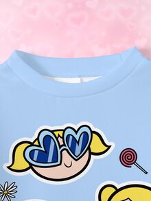 THE POWERPUFF GIRLS X SHEIN Young Girl Cartoon Print Long Sleeve Sweatshirt And Leggings Set - White - View 4