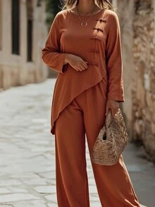 Linhara CURVE Plus Size Women Solid Color Frog Button Design Asymmetrical Hem Shirt And Pants Casual Set Fall - Orange - View 7