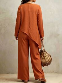 Linhara CURVE Plus Size Women Solid Color Frog Button Design Asymmetrical Hem Shirt And Pants Casual Set Fall - Orange - View 2