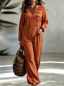 Linhara CURVE Plus Size Women Solid Color Frog Button Design Asymmetrical Hem Shirt And Pants Casual Set Fall - Orange - View 4