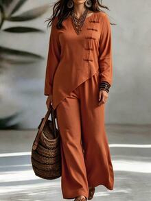Linhara CURVE Plus Size Women Solid Color Frog Button Design Asymmetrical Hem Shirt And Pants Casual Set Fall - Orange - View 1