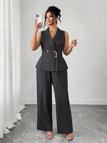Elenzga Plus Size Women's Commuter Minimalist Versatile Striped Vest & Long Pants 2 Pieces Set - Dark Grey - View 4