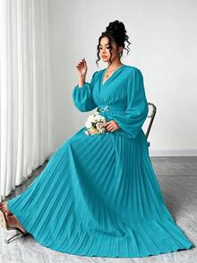 Elenzga 大尺碼女款優雅V領淺青色百褶腰裙，金屬扣飾，秋季婚禮賓客禮服，適用舞會、約會派對、秋季婚禮 - 水鴨藍 - 查看 5