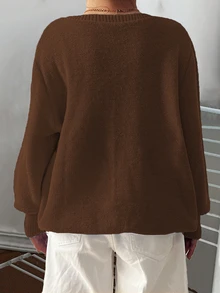 Elenzga Plus Size Women Casual Solid Color Crew Neck Long Sleeve Sweater Fall Winter - Coffee Brown - View 5
