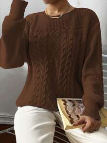 Elenzga Plus Size Women Casual Solid Color Crew Neck Long Sleeve Sweater Fall Winter - Coffee Brown - View 3