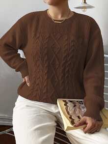 Elenzga Plus Size Women Casual Solid Color Crew Neck Long Sleeve Sweater Fall Winter - Coffee Brown - View 1