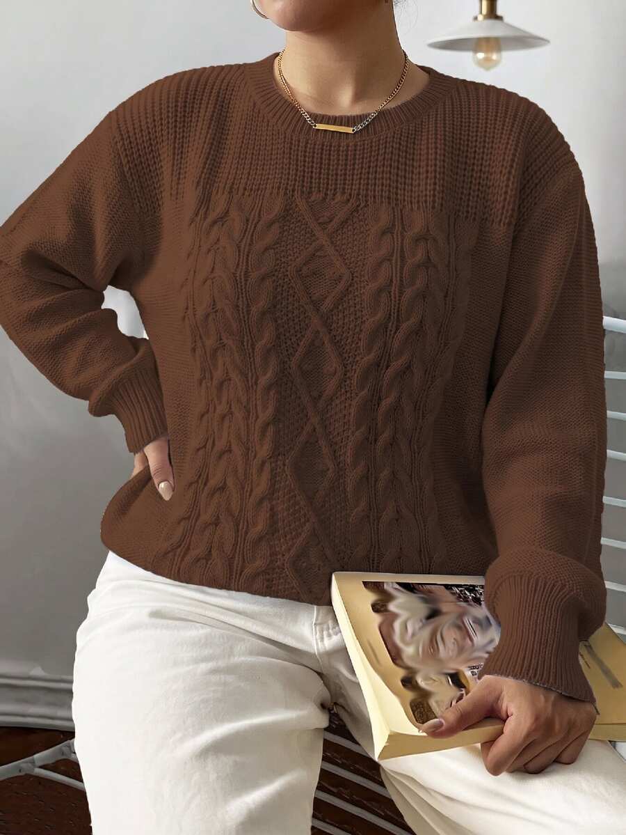 Elenzga Plus Size Women Casual Solid Color Crew Neck Long Sleeve Sweater Fall Winter - Coffee Brown - View 1