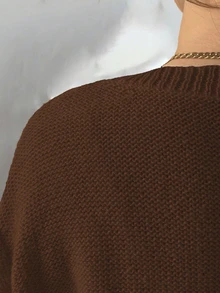 Elenzga Plus Size Women Casual Solid Color Crew Neck Long Sleeve Sweater Fall Winter - Coffee Brown - View 4