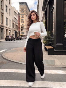 SHEIN PETITE Celana Panjang Wanita Model Lebar dengan Saku, Longgar, dan Kasual - Hitam - View 7