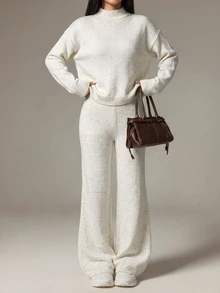 SHEIN PETITE Women's Solid Color Long Sleeve Top And Pants Casual Daily Knit 2 Pieces Set - Apricot - View 8