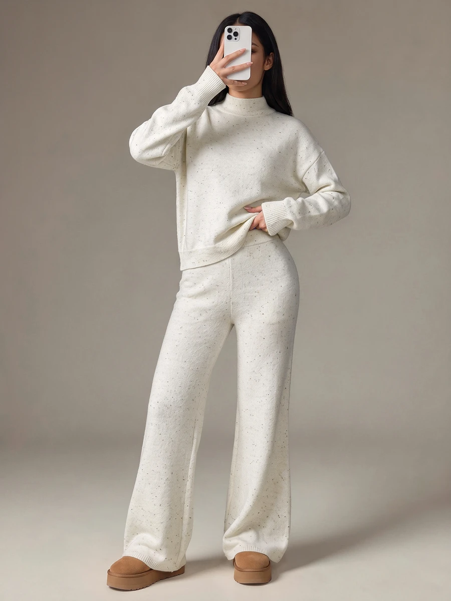 SHEIN PETITE Women's Solid Color Long Sleeve Top And Pants Casual Daily Knit 2 Pieces Set - Apricot - View 1