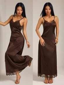 SHEIN PETITE 小碼女款緞面A字洋裝，深V領、露背、收腰設計，附蕾絲拼接 - 棕色 - 查看 6