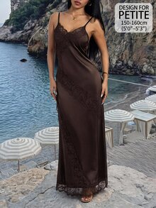 SHEIN PETITE 小碼女款緞面A字洋裝，深V領、露背、收腰設計，附蕾絲拼接 - 棕色 - 查看 9