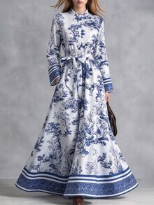 Breezaya Fall Clothes For Women Blue White Pastoral Print Dress Stand Collar Flared Sleeve Tie Waist - Multicolor - View 4