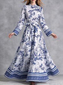 Breezaya Fall Clothes For Women Blue White Pastoral Print Dress Stand Collar Flared Sleeve Tie Waist - Multicolor - View 3