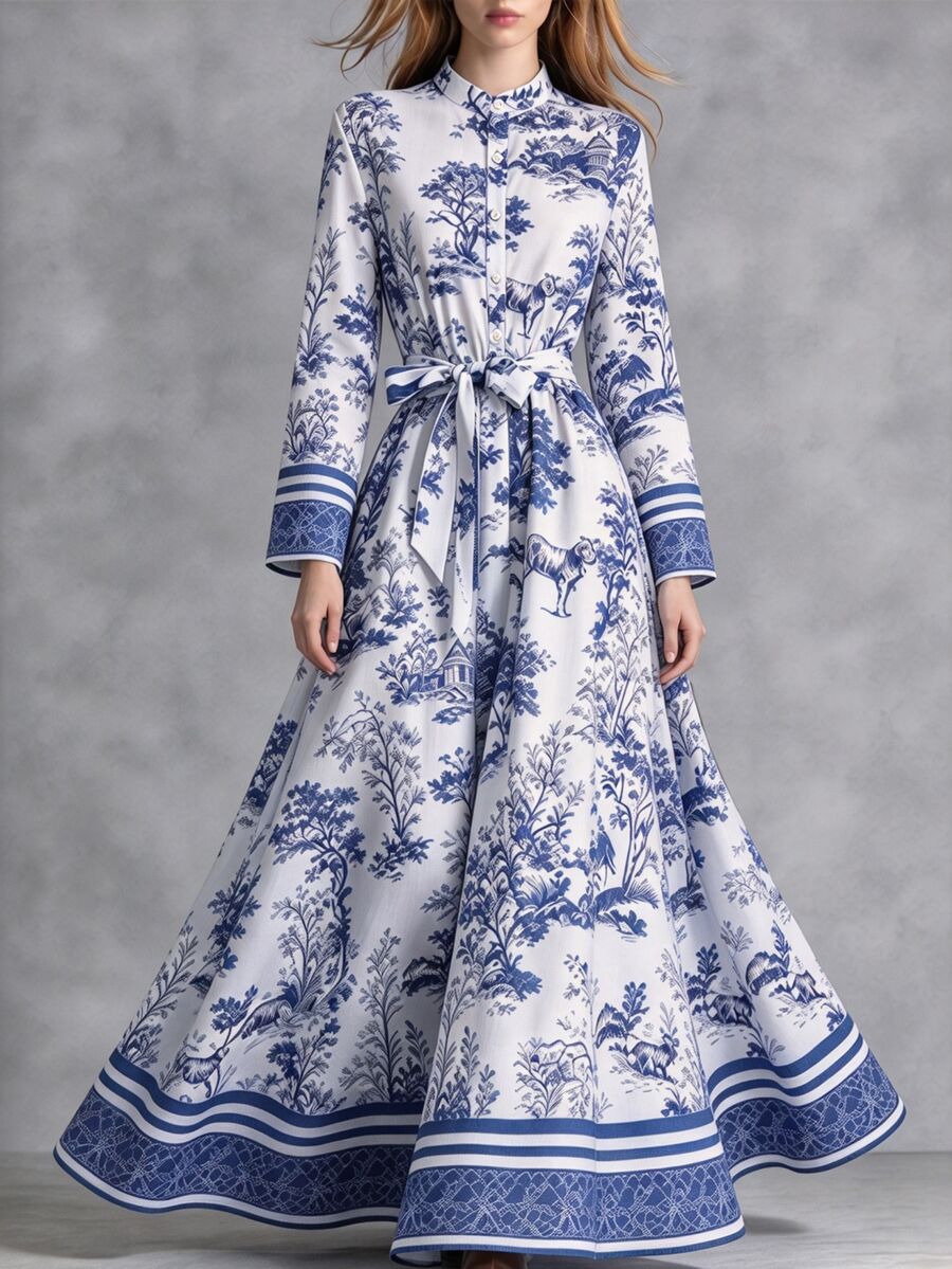 Breezaya Fall Clothes For Women Blue White Pastoral Print Dress Stand Collar Flared Sleeve Tie Waist - Multicolor - View 1