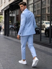 Manfinity Bizformal 男士純色長袖夾克與長褲休閒套裝 - 藍色 - 查看 2
