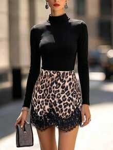 SHEIN Franklia Black Long Sleeve Knit Top With Leopard Print Lace Hem Skirt, Women's Casual Commute 2 Pieces Set, Suitable For Spring And Autumn - Multicolor - View 3