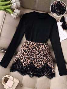 SHEIN Franklia Black Long Sleeve Knit Top With Leopard Print Lace Hem Skirt, Women's Casual Commute 2 Pieces Set, Suitable For Spring And Autumn - Multicolor - View 7