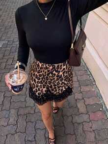 SHEIN Franklia Black Long Sleeve Knit Top With Leopard Print Lace Hem Skirt, Women's Casual Commute 2 Pieces Set, Suitable For Spring And Autumn - Multicolor - View 5