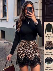 SHEIN Franklia Black Long Sleeve Knit Top With Leopard Print Lace Hem Skirt, Women's Casual Commute 2 Pieces Set, Suitable For Spring And Autumn - Multicolor - View 8