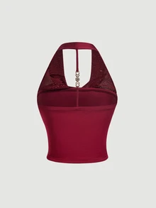SHEIN MOD Plus Size Red Sequin Halter Top, Party Wear, Date Night Outfit, Holiday Gathering,Red Top,Sparkly Top,Birthday,Christmas - Burgundy - View 3