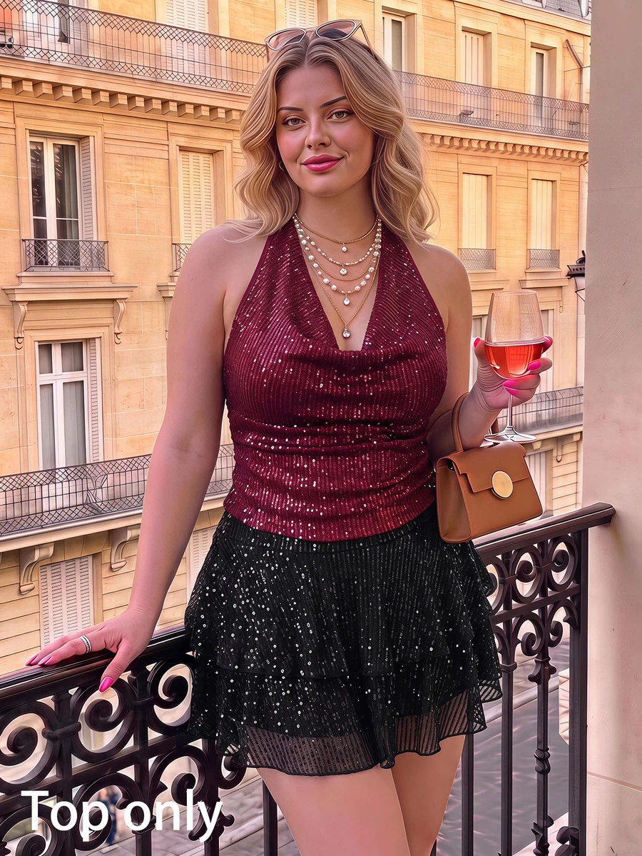 SHEIN MOD Plus Size Red Sequin Halter Top, Party Wear, Date Night Outfit, Holiday Gathering,Red Top,Sparkly Top,Birthday,Christmas - Burgundy - View 1