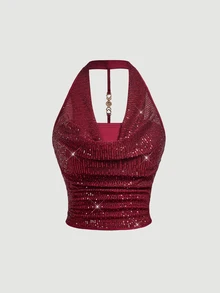 SHEIN MOD Plus Size Red Sequin Halter Top, Party Wear, Date Night Outfit, Holiday Gathering,Red Top,Sparkly Top,Birthday,Christmas - Burgundy - View 2