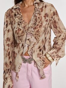 Opulessa Women's Leopard Print Ruffle Collar Long Sleeve Fashion Tropical Sexy Blouse Party Vacation Grey Leopard Print Summer - Yellow - View 3