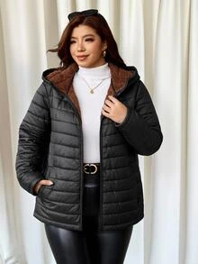 Reflora Plus Size Women's Solid Color Long Sleeve Zipper Front Casual Baggy Smart Hooded Winter Jacket Going Out Club Teacher Black - Black - View 2
