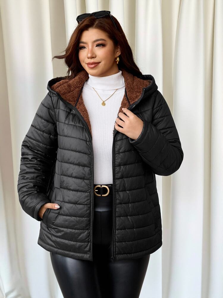 Reflora Plus Size Women's Solid Color Long Sleeve Zipper Front Casual Baggy Smart Hooded Winter Jacket Going Out Club Teacher Black - Black - View 1