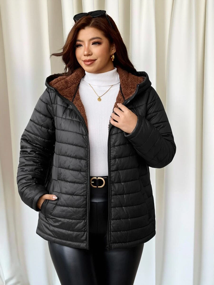 Reflora Plus Size Women's Solid Color Long Sleeve Zipper Front Casual Baggy Smart Hooded Winter Jacket Going Out Club Teacher Black