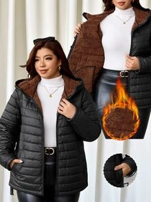 Reflora Plus Size Women's Solid Color Long Sleeve Zipper Front Casual Baggy Smart Hooded Winter Jacket Going Out Club Teacher Black - Black - View 11