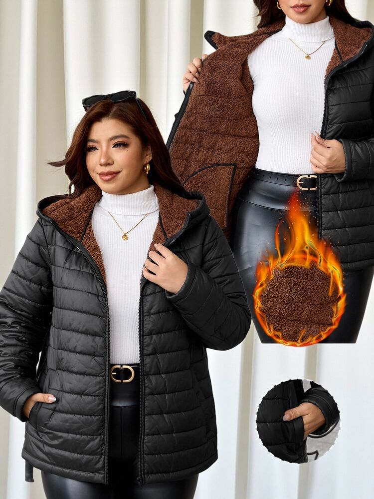Reflora Plus Size Women's Solid Color Long Sleeve Zipper Front Casual Baggy Smart Hooded Winter Jacket Going Out Club Teacher Black - Black - View 10