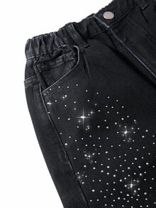 SHEIN 女款新款休閒時尚極簡百搭Y2K復古水洗黑水鑽鉚釘高腰寬鬆寬腿牛仔褲，秋冬返校街頭風 - 黑色 - 查看 8