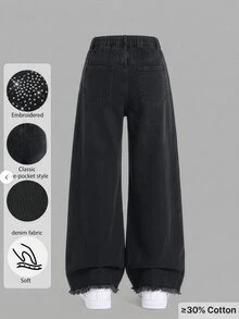 SHEIN 女款新款休閒時尚極簡百搭Y2K復古水洗黑水鑽鉚釘高腰寬鬆寬腿牛仔褲，秋冬返校街頭風 - 黑色 - 查看 2