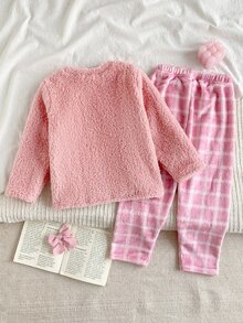 SHEIN 秋冬雙面抓絨加厚粉色毛絨圓領長袖上衣（附胸前口袋）搭配時尚甜美粉白格紋長褲，休閒舒適柔軟 2 件式女童家居睡衣套裝 - 粉色 - 查看 2