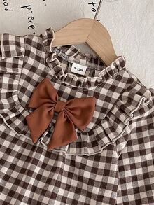 SHEIN Elladie kids ملابس علوية عتيقة حلوة بنقشة مربعات مع أكمام مكشكشة وفيونكة كبيرة، ملابس علوية طويل بأسلوب بريبي للخريف/الشتاء - بني - مشاهدة 3