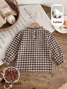SHEIN Elladie kids ملابس علوية عتيقة حلوة بنقشة مربعات مع أكمام مكشكشة وفيونكة كبيرة، ملابس علوية طويل بأسلوب بريبي للخريف/الشتاء - بني - مشاهدة 2
