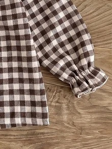 SHEIN Elladie kids ملابس علوية عتيقة حلوة بنقشة مربعات مع أكمام مكشكشة وفيونكة كبيرة، ملابس علوية طويل بأسلوب بريبي للخريف/الشتاء - بني - مشاهدة 4