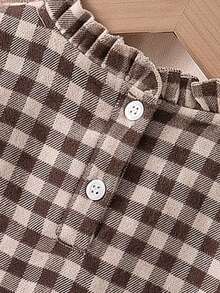 SHEIN Elladie kids ملابس علوية عتيقة حلوة بنقشة مربعات مع أكمام مكشكشة وفيونكة كبيرة، ملابس علوية طويل بأسلوب بريبي للخريف/الشتاء - بني - مشاهدة 8