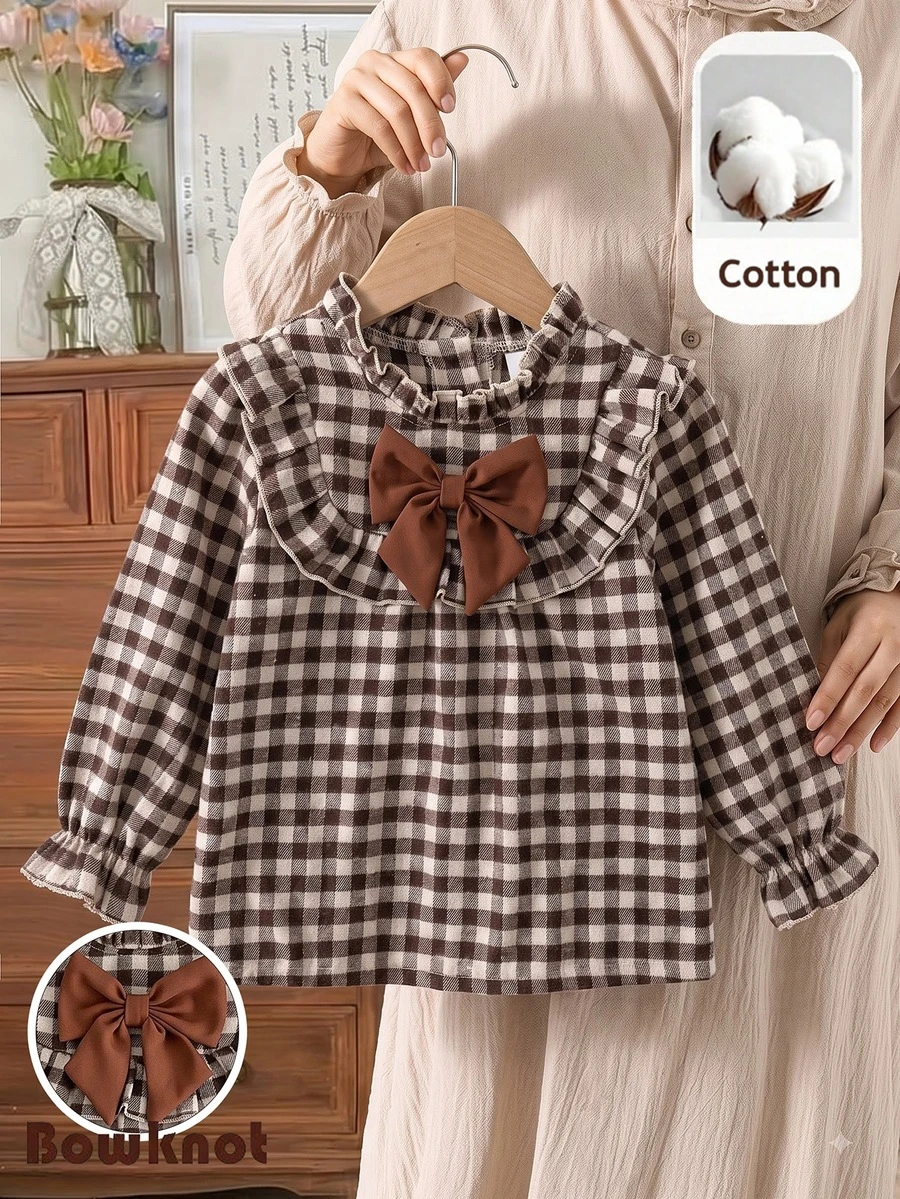 SHEIN Elladie kids ملابس علوية عتيقة حلوة بنقشة مربعات مع أكمام مكشكشة وفيونكة كبيرة، ملابس علوية طويل بأسلوب بريبي للخريف/الشتاء - بني - مشاهدة 1