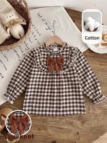 SHEIN Elladie kids ملابس علوية عتيقة حلوة بنقشة مربعات مع أكمام مكشكشة وفيونكة كبيرة، ملابس علوية طويل بأسلوب بريبي للخريف/الشتاء - بني - مشاهدة 6
